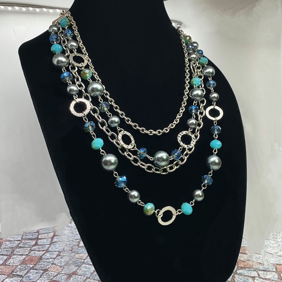 Multi Strand w/Faceted Silver/Blue & Aqua Beading - Picture 2 of 7